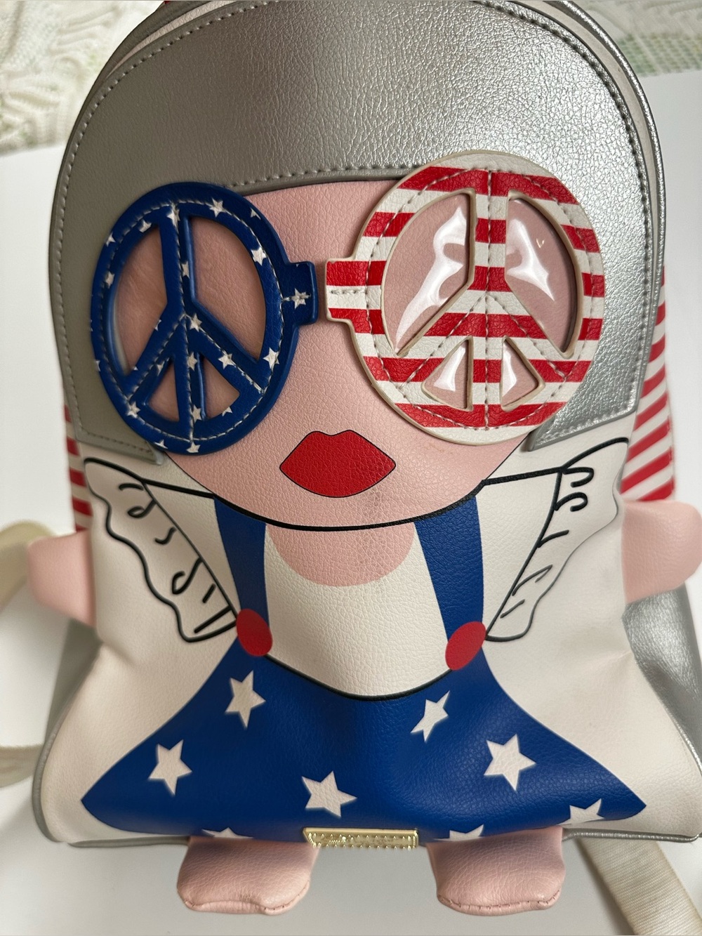 Patriotic Peace Sign Doll Mini Backpack - Pink, Silver & Blue, new condition